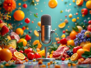 Capture culinary creations with a colorful microphone poster.  Food photography's ultimate tool.