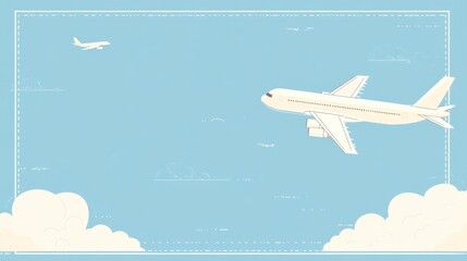 Flat design of an airplane flying across a monochromatic blue background with ample copy space for travel-related messages.