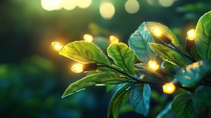 Close-up of glowing string lights intertwined with lush green leaves, creating a warm and inviting atmosphere in a natural setting.