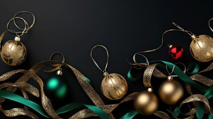 Luxurious holiday scene with a sleek black backdrop adorned with gold decorations including baubles and ribbons. 