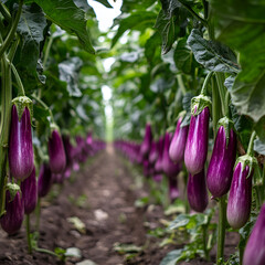 Harvesting fresh eggplants organic farm agriculture photography lush green environment ground level perspective sustainable farming practices