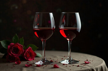 Glass of red wine on dark background. Drink photo bar restaurant. AI Generative