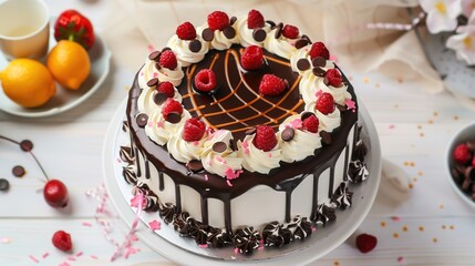 Photography of a close-up of a plate with a slice of birthday cake, adorned with sprinkles and a small birthday candle, set on a decorated table with other party treats for the birthday celebration