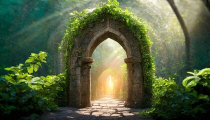 Fototapeta premium A breathtaking fantasy scene featuring a mysterious portal archway draped in lush creepers, opening to a magical realm bathed in ethereal light, teeming with wonder and vibrant mysticism.