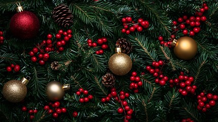 Festive Christmas Ornament Arrangement With Pine And Berries