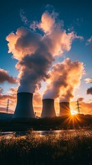 Sunset over a Power Plant, Dramatic Clouds and a River