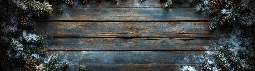 Obraz premium Rustic wooden background with a winter and Christmas theme. Pine branches with snow on them framing the edges of an empty wooden board in the middle 