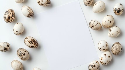 Easter themed display featuring speckled quail eggs arranged around a blank sheet on a white background perfect for spring holiday messages and customizable text.