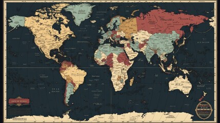 Highly detailed vintage-style world map in dark retro tones, highlighting countries and borders for a classic look.