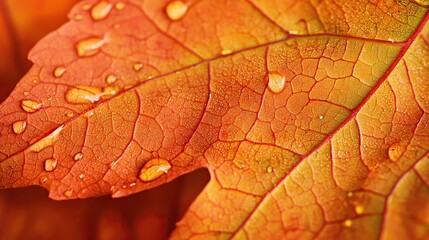 Fototapeta premium Close-up view of colorful autumn leaves with water droplets on a surface