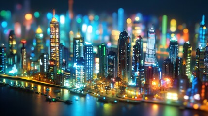 Fototapeta premium Illuminated smart city overview urban landscape nighttime photography modern environment aerial view