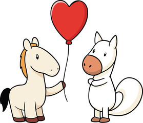 Adorable cartoon horses holding a heart-shaped balloon, perfect for love, romance, and Valentine’s Day-themed designs or gifts.

