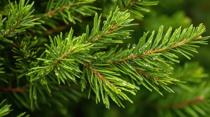 Obraz premium Close-up of a pine branch showcasing vibrant green needles adorned with glistening water droplets after rainfall, highlighting its lush texture.