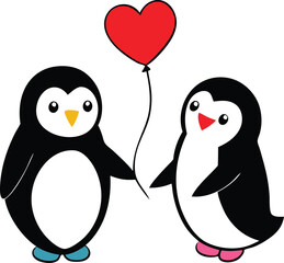 Cute cartoon penguins holding a heart-shaped balloon, perfect for love, romance, and Valentine’s Day-themed designs or decorations.

