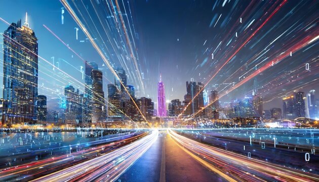 Dynamic speed light trails illuminate a futuristic mega cityscape, weaving through towering skyscrapers and vibrant neon lights, showcasing the harmony of technology, innovation, and modern