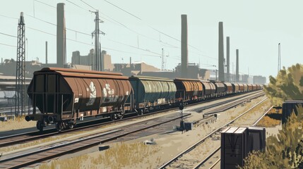 Fototapeta premium Cargo trains carrying goods across an industrial landscape.