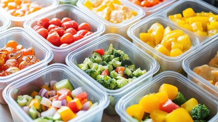 Catering-ready meal prep boxes filled with colorful, nutritious dishes, perfect for on-the-go lifestyles.