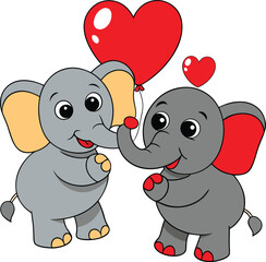 Adorable cartoon elephants holding heart-shaped balloons, perfect for love, romance, and Valentine’s Day-themed designs or gifts.

