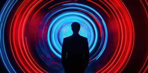 Man silhouetted against colorful light tunnel at night