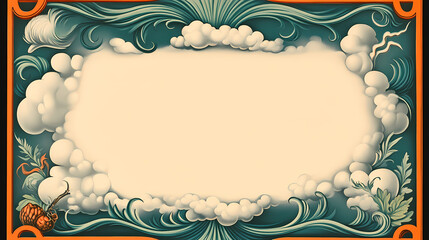 Text frames with lightning and storm clouds decorate the edges, while the center is empty.