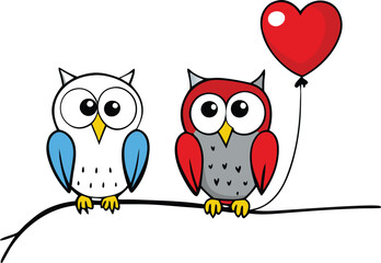 Cartoon Owls with Heart Balloon on Tree Branch Vector Illustration for Love and Friendship

