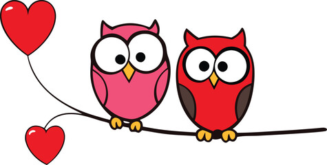 Cartoon Owls with Heart Balloon on Tree Branch Vector Illustration for Love and Friendship

