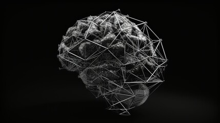 A digital illustration of a human brain in a wireframe style, composed of interconnected geometric lines and nodes. The monochrome image highlights themes of technology, artificial intelligence, and