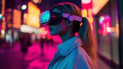 Fototapeta premium Young woman experiences virtual reality in neon city at night