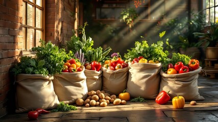 Food photography featuring vintage canvas bags in a warehouse.