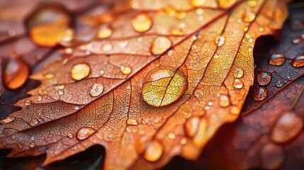 Fototapeta premium Close-up view of colorful autumn leaves with water droplets on a surface