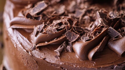 Rich chocolate cake close-up featuring glossy chocolate frosting topped with delicate chocolate shavings, showcasing a decadent dessert texture.