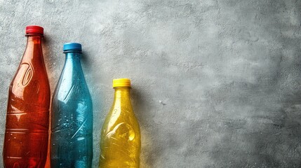 Colorful abandoned plastic bottles displayed against a soft gray textured background, providing ample space for textual overlay or design elements.