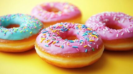 Colorful donuts with pink and blue icing, generously topped with vibrant sprinkles, set against a cheerful yellow background in a festive close-up view.
