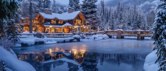 Cozy Winter Retreat by a Snowy Lake with Rustic Cabin and Peaceful Landscape At Dusk, Illuminated by Warm Lights, Surrounded by Pine Trees and Majestic Mountains