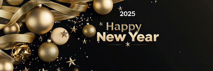 Luxurious minimal Christmas design with a black background showcasing a cascade of gold and metallic gold ribbons, sparkling stars, and opulent baubles. "2025" in bold
