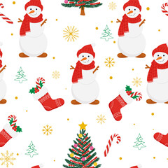 seamless Christmas pattern features snowmen in red scarves, decorated Christmas trees, stockings, candy canes, gold snowflakes, and tree doodles on a white background.