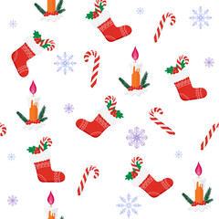 seamless Christmas pattern featuring red stockings, striped candy canes, glowing candles, green holly, and snowflakes on a white background.