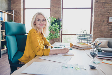 Photo of happy cheerful lady ceo dressed shirt writing copybook indoors workplace workstation loft