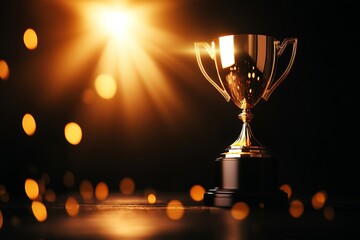 A shining golden trophy illuminated by soft lights, symbolizing achievement and victory against a dark background.