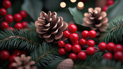 Fototapeta premium rich close up of festive garden scene featuring pinecones and red berries
