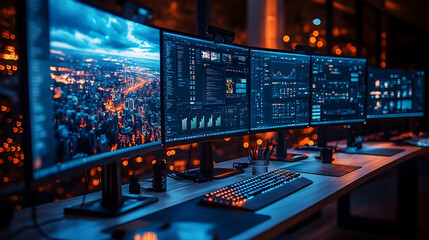 Multiple computer monitors displaying data and cityscape views at night.
