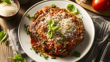 Delicious homemade eggplant parmesan garnished with fresh basil and cheese.