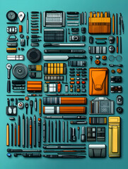 Organized assortment of art and design tools arranged in a grid pattern.