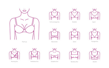 Bra, line icons. Big set of breasts bra - push-up, bralette, triangle, nursing, strapless, bandeau and others. Female body, front view, lingerie. Editable stroke, linear illustration