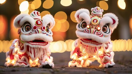 Obraz premium Festive chinese lion dance puppets with glowing lights and vibrant decorations.
