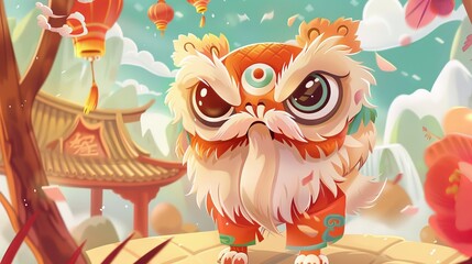 Naklejka premium Colorful cartoon lion dance illustration with asian lanterns.