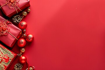 Festive red background with chinese new year gifts and decorations.