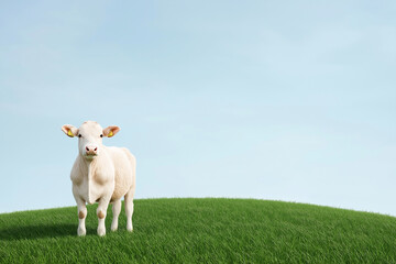 Obraz premium Responsible agriculture fosters organic growth. cow standing on lush green pasture under clear blue sky