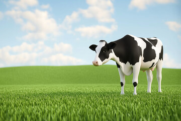 Responsible agriculture fosters organic growth. Grazing cow in eco friendly pasture under clear blue sky