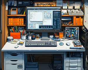 Organized workspace with computer, supplies, and devices.